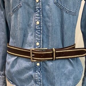 Brown Leather Belt Silver Buckle Contrast Stitch Western Style Size Medium
